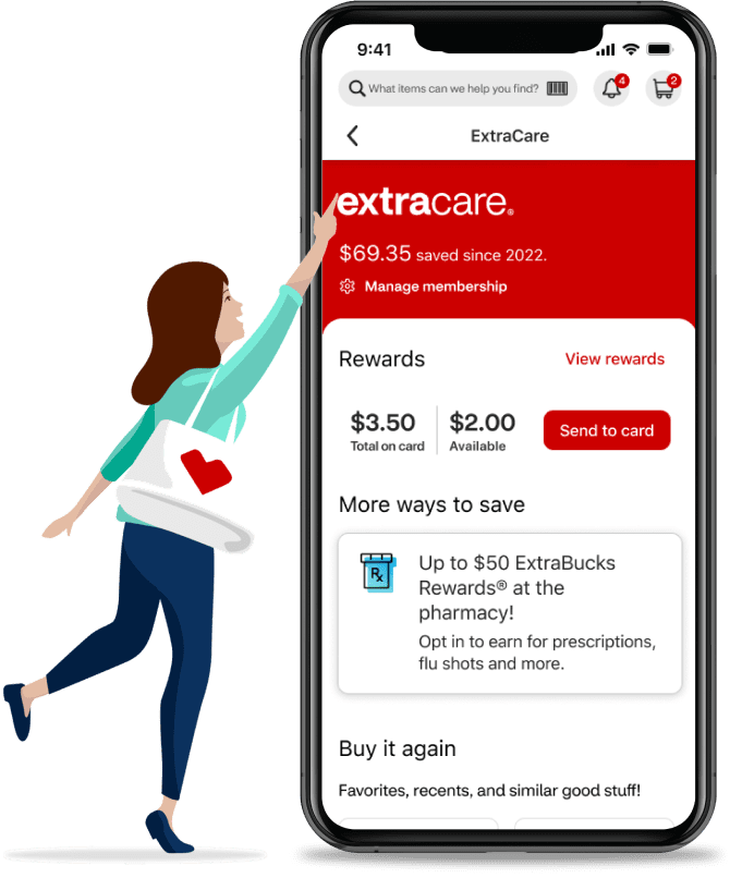 Illustration of a smiling woman interacting with the CVS app on an enlarged mobile phone.
